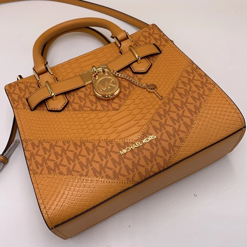 MICHAEL KORS  Hamilton Small Signature Logo and Snake Embossed Satchel Cider